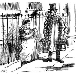 Uma caricatura que comenta a diluição do leite, que atingiu proporções tais que foi necessário adotar legislação para a controlar. Ilustrada por John Leech (1817-1864), um caricaturista e ilustrador inglês de John Leech