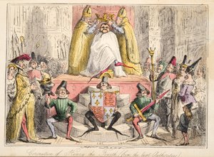 Coroação de Henrique IV. (das melhores autoridades), de The Comic History of England, pub. 1864 (gravura colorida à mão) de John Leech