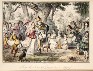 Henrique VIII e sua Rainha Out-a-Maying, de The Comic History of England, pub. 1864 (gravura colorida à mão)