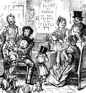 Membros de uma família de primeira classe passam algum tempo juntos numa loja de John Leech
