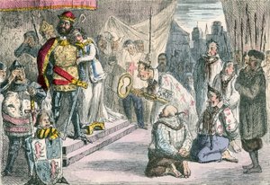 Rainha Filipa intercedendo com Eduardo III pelas seis Burgesses de Calais de John Leech