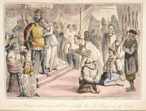 Rainha Philippa intercedendo com Edward III, pelas seis Burgesses de Calais, da História Comic da Inglaterra, pub. 1864 (gravura colorida à mão)