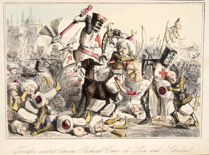 Combate fantástico entre Richard Coeur de Lion e Saladino da história cómica de Inglaterra, bar. 1864 (gravura colorida à mão)