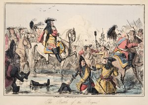 A Batalha do Boyne, da história cómica de Inglaterra, bar. 1864 (gravura colorida à mão) de John Leech