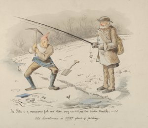 O Pike é um peixe voraz e morde facilmente nos meses de inverno - Velho Cavalheiro..., 1830-64. de John Leech