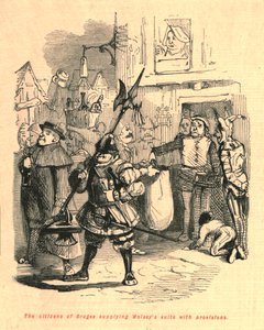Os cidadãos de Bruges fornecem suprimentos à suíte Wolseys, 1897. de John Leech