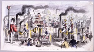 Vista do Hyde Park que satiriza o advento da locomotiva a vapor, Londres, c1850 de John Leech