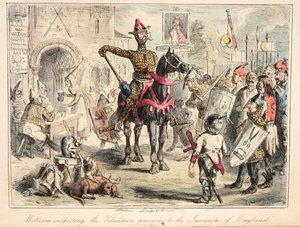 Guilherme, o Conquistador, inspecionando os Voluntários anteriores à Invasão da Inglaterra, da The Comic History of England, pub. 1864 (gravura colorida à mão)