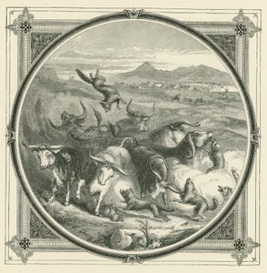 Quando o lobo chega, os bois partem para lutar para se unirem em autodefesa (gravura) de John Leighton