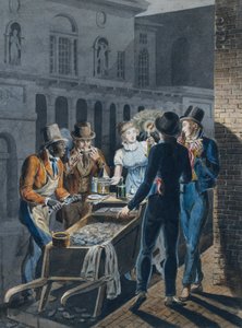 Vida nocturna em Filadélfia-an Oyster Barrow em frente ao Chestnut Street Theater, 1811-ca. 1813.