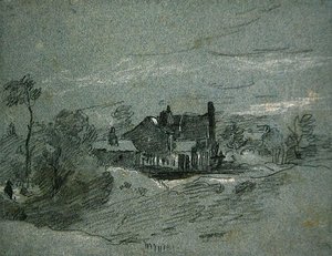 Uma casa de campo numa paisagem arborizada (giz branco e preto, em papel azul) de John Linnell
