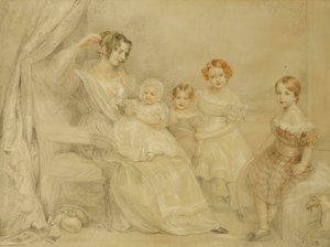 Retrato da Sra. WS Fry e seus quatro filhos: Emma, Willy, Julie e Georgina, sentados no interior, 1840 de John Linnell