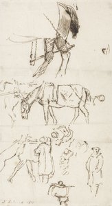 Estudos de cavalos, homens e carruagens, 1811 (caneta e tinta marrom sobre papel) de John Linnell