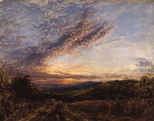 Pôr-do-sol sobre uma paisagem moura, início da década de 1850 (óleo sobre painel) de John Linnell