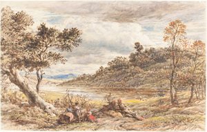 Viajantes descansando por uma árvore caída de John Linnell