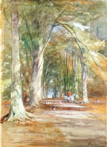 Huntsmen in a Clearing (aguarela e cor de corpo sobre papel) de John MacWhirter