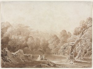 Um homem tocando harpa com outras figuras ao lado de um lago, 1820. de John Martin