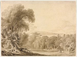 Figuras sentadas à beira de um lago em uma paisagem arborizada de John Martin