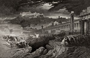 Marcus Curtius montando no abismo, gravado por H. Le Keux de John Martin