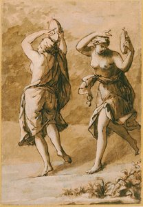 Dois Maenads, A Study (lavagem marrom com reflexos brancos e tinta marrom no papel) de John Michael Rysbrack