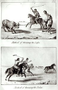 Métodos de arremessar o laço e as esferas, de “viagens no Chile e no La Plata” por John Miers, 1826 (litho) (foto do bw) de John Miers