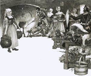 Cozinhando em fogo aberto numa cozinha elisabetana de John Millar Watt