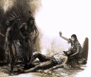 Pocahontas intervindo para salvar a vida do Capitão Smith (guache sobre papel)