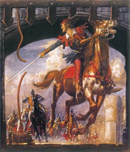 Robin dos Bosques a ser perseguido por soldados normandos de John Millar Watt