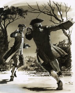 Homens não identificados duelando com espadas ao luar
