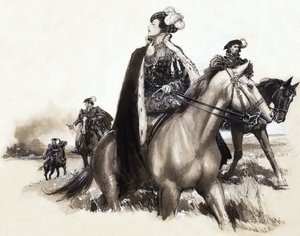 Rainha não identificada a sair de uma cidade fumegante sob escolta de John Millar Watt
