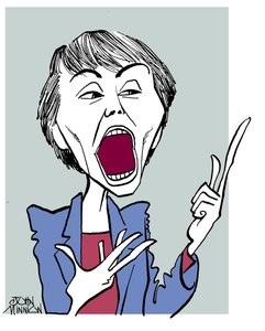 Camille Paglia - caricatura com a boca aberta de John Minnion