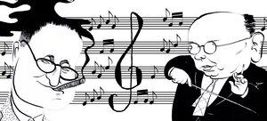Hanns Eisler e Bertolt Brecht - colagem de caricaturas de John Minnion