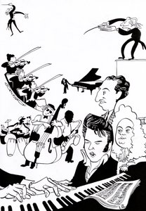 Fantasia musical - capa para livro ou artigo de música - com maestros, músicos, instrumentos, violino, bateria, contrabaixo, saxofone, piano, partitura, Elvis, Bach, de John Minnion