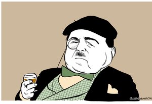 Reynaldo Hahn - caricatura do compositor e maestro alemão venezuelano com um copo de vinho de John Minnion