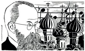 Retrato de Rimsky Korsakov (Rússia, fundo de cúpulas de igrejas) Compositor russo (1844-1908)