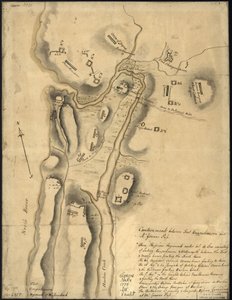 (Disposição das tropas britânicas, com fortificações a norte do Forte Knipehausen, ou seja, do Forte Washington ao Forte Independence. LOC gm71002317