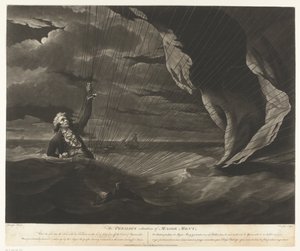 John Money com seu balão caiu no mar A Situação Perigosa do Major Mony, 23 de julho de 1785 (título no objeto) de John Murphy