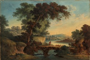 Paisagem com Castelo e Ponte, cerca de 1808-20 (Gouache e aguarela) de John Oldfield