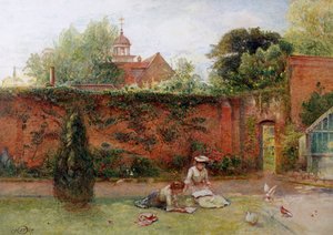 Um jardim murado. Dois jovens adolescentes estão a ler num jardim maduro. Os pássaros aproximam-se deles. Pintura de John Parker (1839-1915) Coleção particular de John Parker