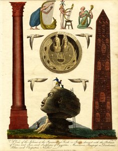 Vista da Esfinge nas Pirâmides de Gizeh: uma patera carregada com os retratos de Osíris e Ísis; e esculturas de músicos egípcios; o pilar de Pompeu ou Dioclesiano; e a agulha de Cleópatra de John Pass