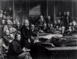 A Câmara dos Comuns em 1860: Lord Palmerston dirigindo-se à Câmara durante o debate sobre o tratado com a França, gravado por Falkner, 1863 (ver também 42219 e 107821) de John Phillip