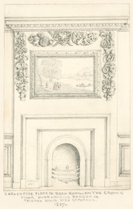 Lareira esculpida no quarto dos fundos no piso térreo com vista para o jardim, Fairfax House, High Street, Putney, 1887