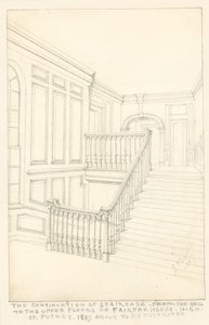 A continuação da escada, do hall para os andares superiores, da Fairfax House, High Street, Putney, 1887