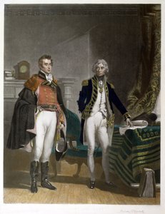 Uma reunião entre o Major-General Sir Arthur Wellesley e o Vice-Almirante Horatio Nelson, Setembro de 1805, gravada por Samuel William Reynolds (1794-1872), pub. por A.J. Isaacs de John Prescott (after) Knight