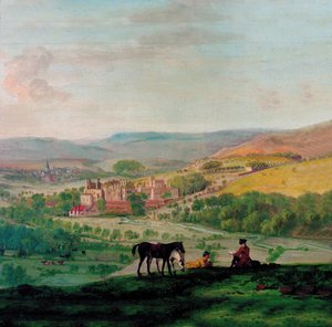 Uma visão do século 18 de Haddon Hall com a aldeia de Bakewell no fundo de John Raphael Smith