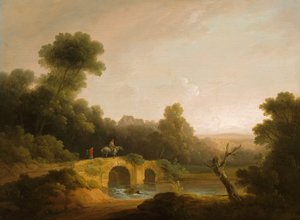 Paisagem com figuras atravessando uma ponte