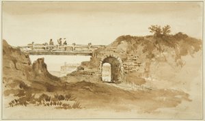 Ponte temporária na Estrada da Coroação em frente à New Gaol, c.1821 (lavagem a lápis e sépia sobre papel)