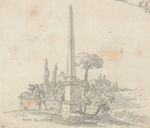 Um obelisco com telhados e árvores ao longe de John Robert Cozens