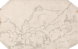 Vista de montanha com edifícios de John Robert Cozens