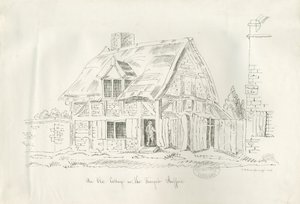 Stafford - Old Cottage in the Foregate: desenho a bico de pena de John Robert Fernyhough